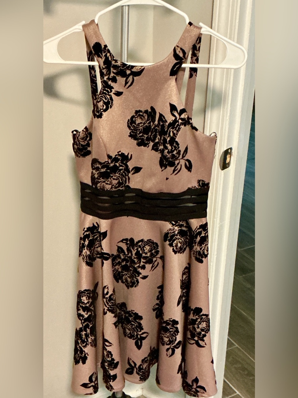 City Studio Rose Gold Floral Velvet-Appliqué Party Dress with Black Waistband 7